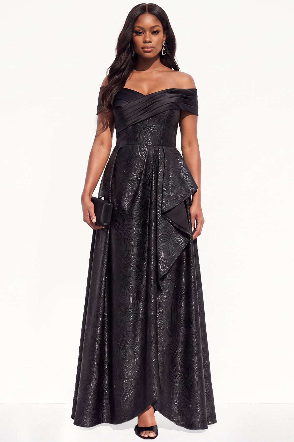 Glitter A-Line Off The Shoulder Ruffled Ruched Long Black Tie Dress
