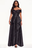 Glitter A-Line Off The Shoulder Ruffled Ruched Long Black Tie Dress