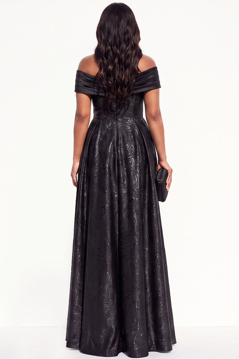 Glitter A-Line Off The Shoulder Ruffled Ruched Long Black Tie Dress
