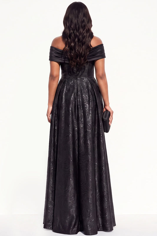 Glitter A-Line Off The Shoulder Ruffled Ruched Long Black Tie Dress