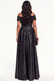 Glitter A-Line Off The Shoulder Ruffled Ruched Long Black Tie Dress