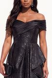 Glitter A-Line Off The Shoulder Ruffled Ruched Long Black Tie Dress