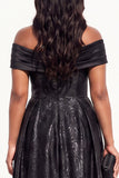 Glitter A-Line Off The Shoulder Ruffled Ruched Long Black Tie Dress