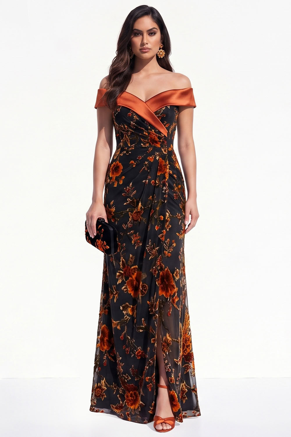 Orangered Mermaid Ruched Floral Long Black Tie Dress with Slit
