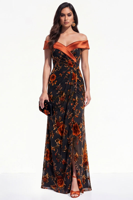 Orangered Mermaid Ruched Floral Long Black Tie Dress with Slit