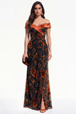 Orangered Mermaid Ruched Floral Long Black Tie Dress with Slit