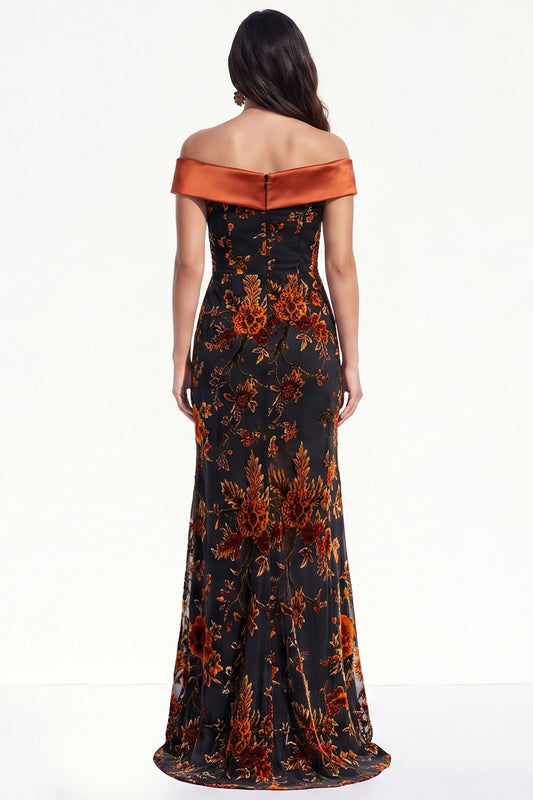 Orangered Mermaid Ruched Floral Long Black Tie Dress with Slit