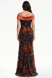 Orangered Mermaid Ruched Floral Long Black Tie Dress with Slit