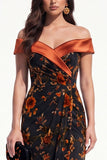 Orangered Mermaid Ruched Floral Long Black Tie Dress with Slit