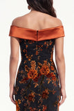 Orangered Mermaid Ruched Floral Long Black Tie Dress with Slit