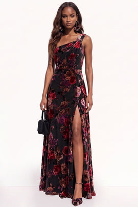 Black Pink Flower A-Line Long Velvet Holiday Dress with Slit