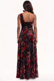 Black Pink Flower A-Line Long Velvet Holiday Dress with Slit