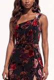 Black Pink Flower A-Line Long Velvet Holiday Dress with Slit
