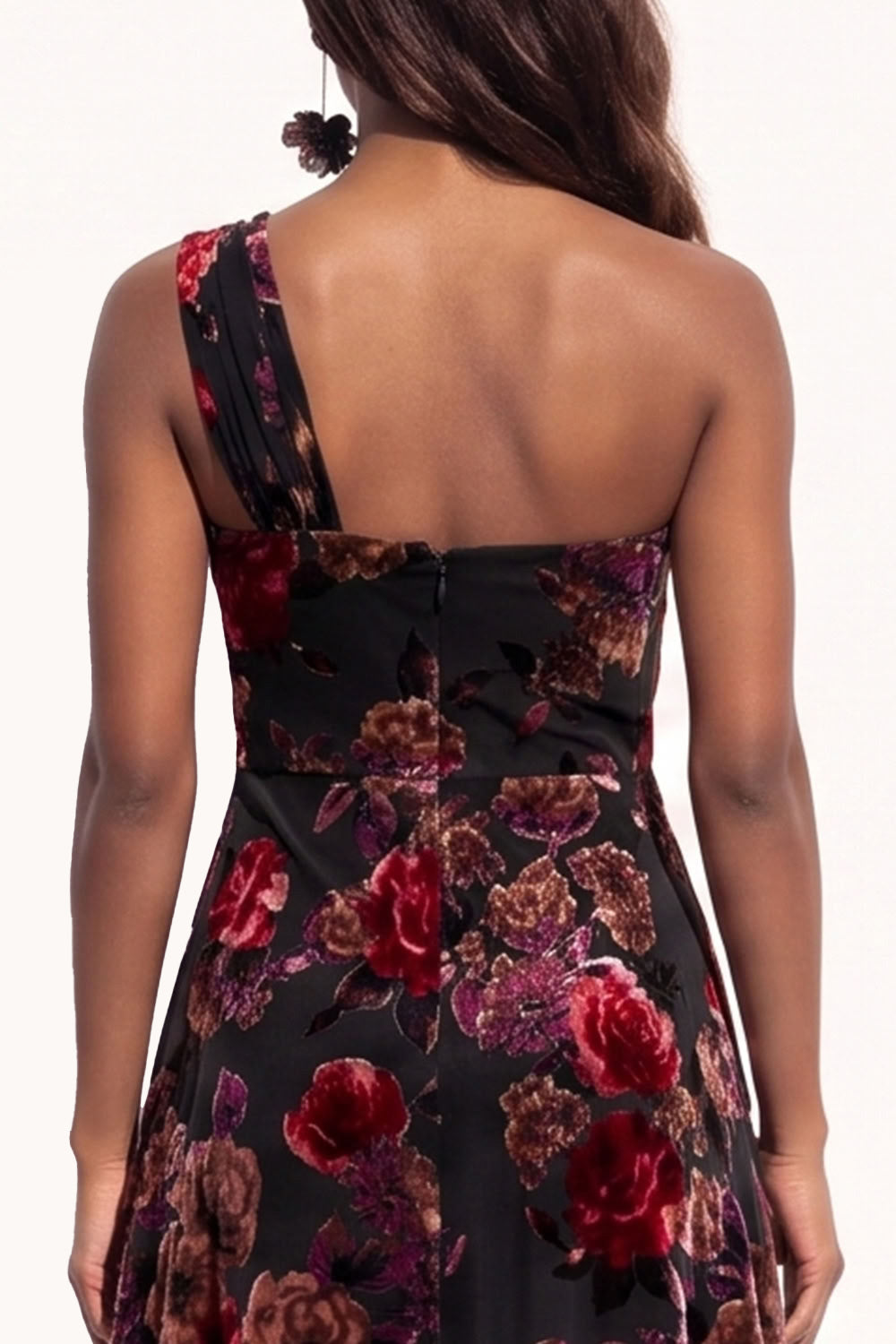 Black Pink Flower A-Line Long Velvet Holiday Dress with Slit