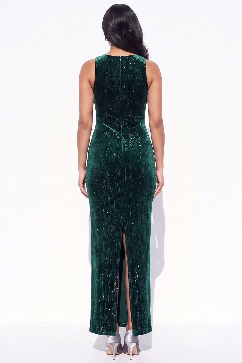 Sparkly Dark Green Sheath Long Velvet Holiday Dress with Slit