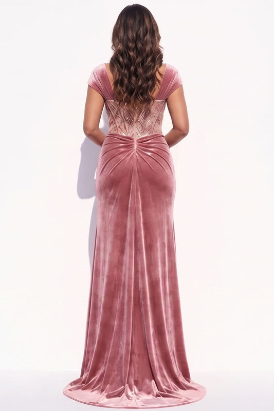 Blush Mermaid Ruched Beaded Corset Long Velvet Holiday Dress with Slit
