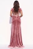 Blush Mermaid Ruched Beaded Corset Long Velvet Holiday Dress with Slit