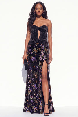 Black Purple Flower Corset Keyhole Mermaid Long Velvet Holiday Dress with Slit