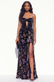 Black Purple Flower Corset Keyhole Mermaid Long Velvet Holiday Dress with Slit