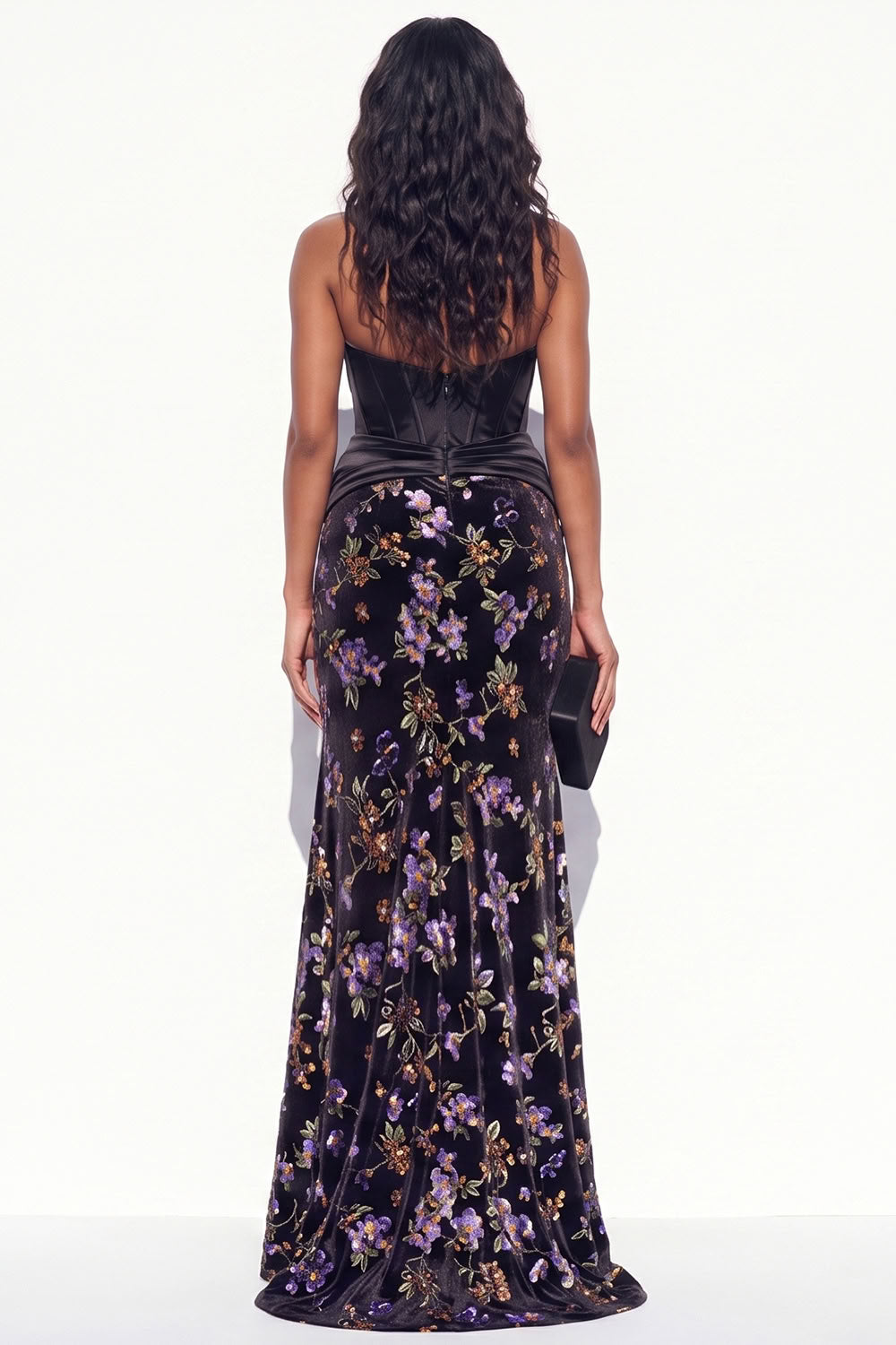 Black Purple Flower Corset Keyhole Mermaid Long Velvet Holiday Dress with Slit