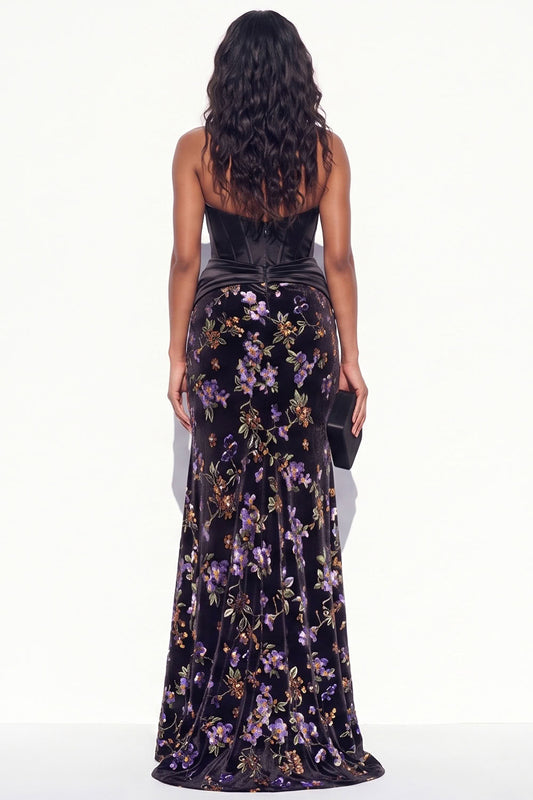 Black Purple Flower Corset Keyhole Mermaid Long Velvet Holiday Dress with Slit
