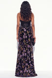 Black Purple Flower Corset Keyhole Mermaid Long Velvet Holiday Dress with Slit