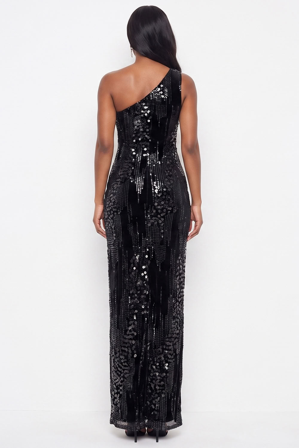 Sparkly Sheath Sequins One Shoulder Long Black Tie Dress with Slit