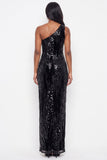 Sparkly Sheath Sequins One Shoulder Long Black Tie Dress with Slit