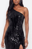 Sparkly Sheath Sequins One Shoulder Long Black Tie Dress with Slit