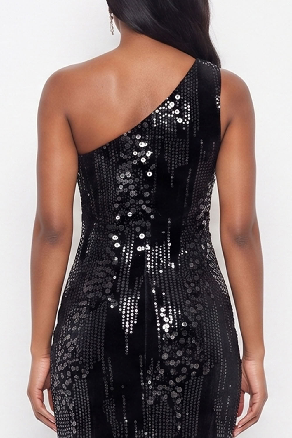 Sparkly Sheath Sequins One Shoulder Long Black Tie Dress with Slit