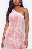 Sparkly Sheath Sequins One Shoulder Long Black Tie Dress with Slit