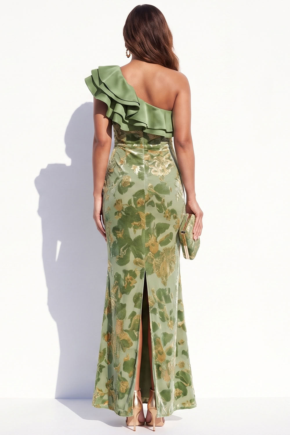 Sage Mermaid Tiered Ruffled Floral Long Velvet Holiday Dress with Slit