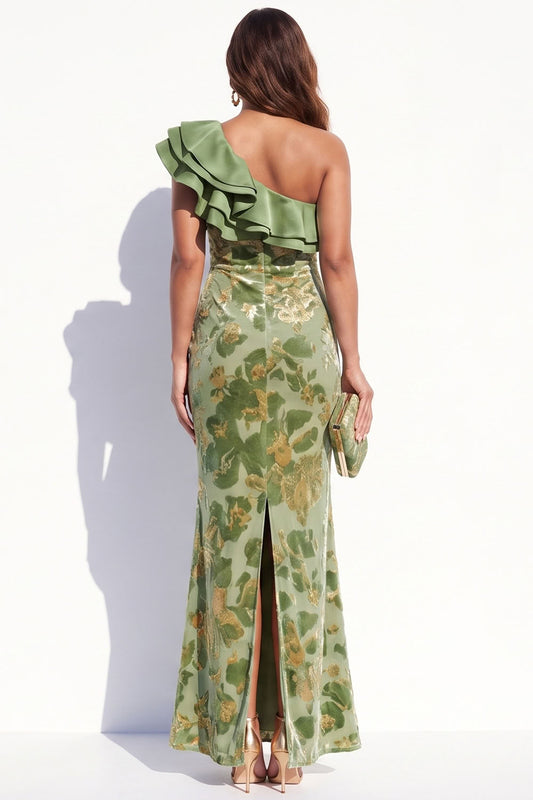 Sage Mermaid Tiered Ruffled Floral Long Velvet Holiday Dress with Slit