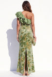 Sage Mermaid Tiered Ruffled Floral Long Velvet Holiday Dress with Slit