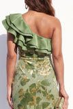 Sage Mermaid Tiered Ruffled Floral Long Velvet Holiday Dress with Slit