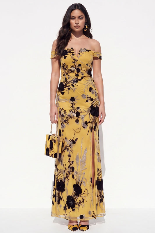 Yellow Sheath Off the Shoulder Floral Long Black Tie Dress with Slit