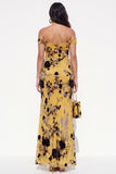 Yellow Sheath Off the Shoulder Floral Long Black Tie Dress with Slit
