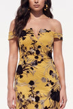 Yellow Sheath Off the Shoulder Floral Long Black Tie Dress with Slit