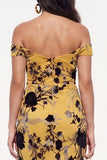 Yellow Sheath Off the Shoulder Floral Long Black Tie Dress with Slit