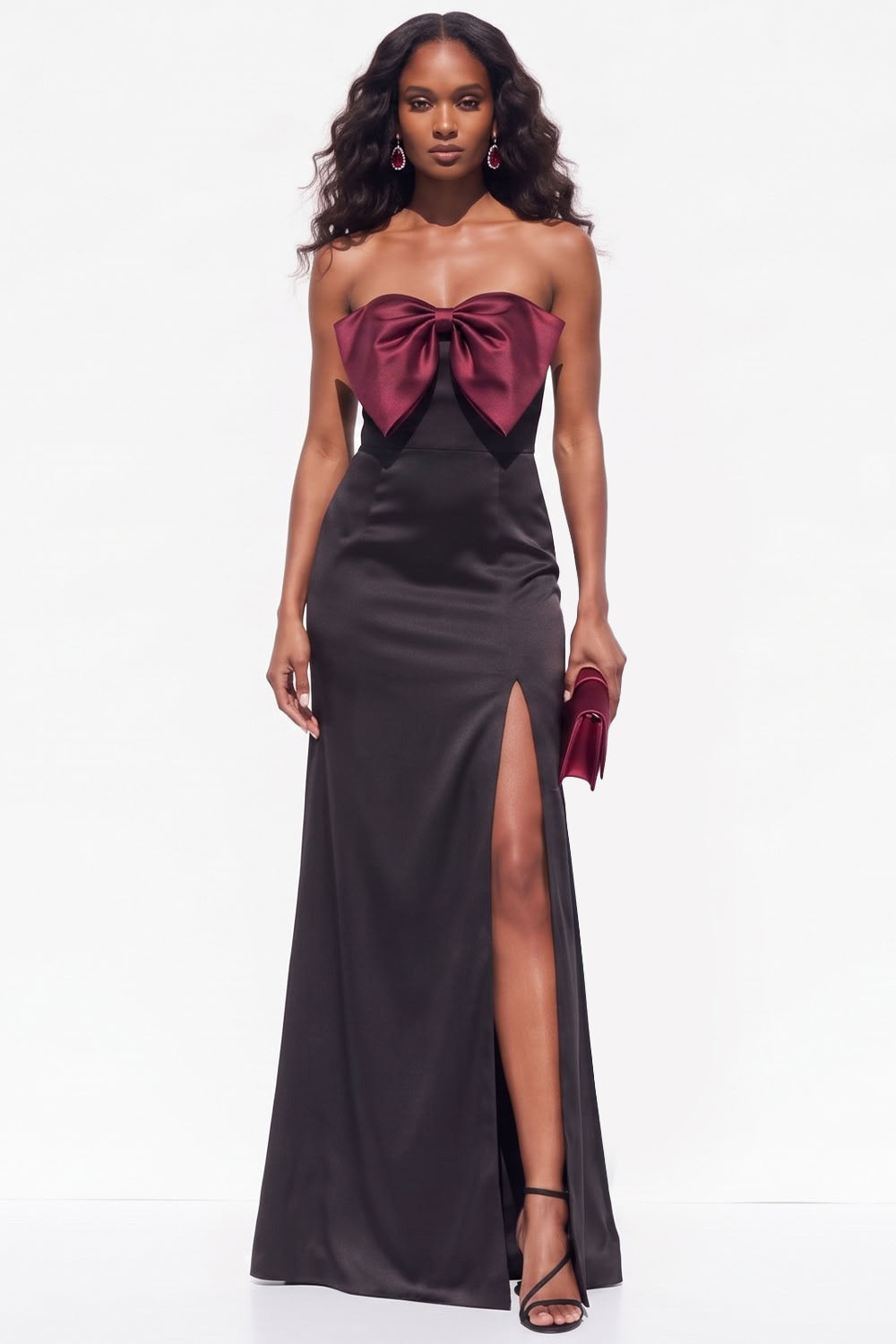 Burgundy Mermaid Strapless Satin Long Black Tie Dress with Slit