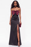 Burgundy Mermaid Strapless Satin Long Black Tie Dress with Slit