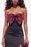 Burgundy Mermaid Strapless Satin Long Black Tie Dress with Slit