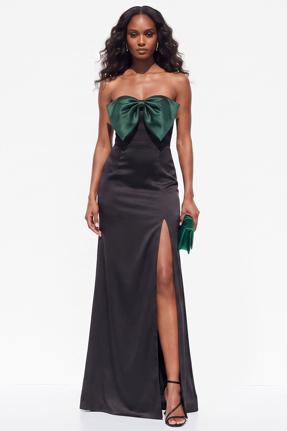 Burgundy Mermaid Strapless Satin Long Black Tie Dress with Slit