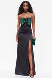 Burgundy Mermaid Strapless Satin Long Black Tie Dress with Slit