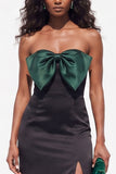 Burgundy Mermaid Strapless Satin Long Black Tie Dress with Slit