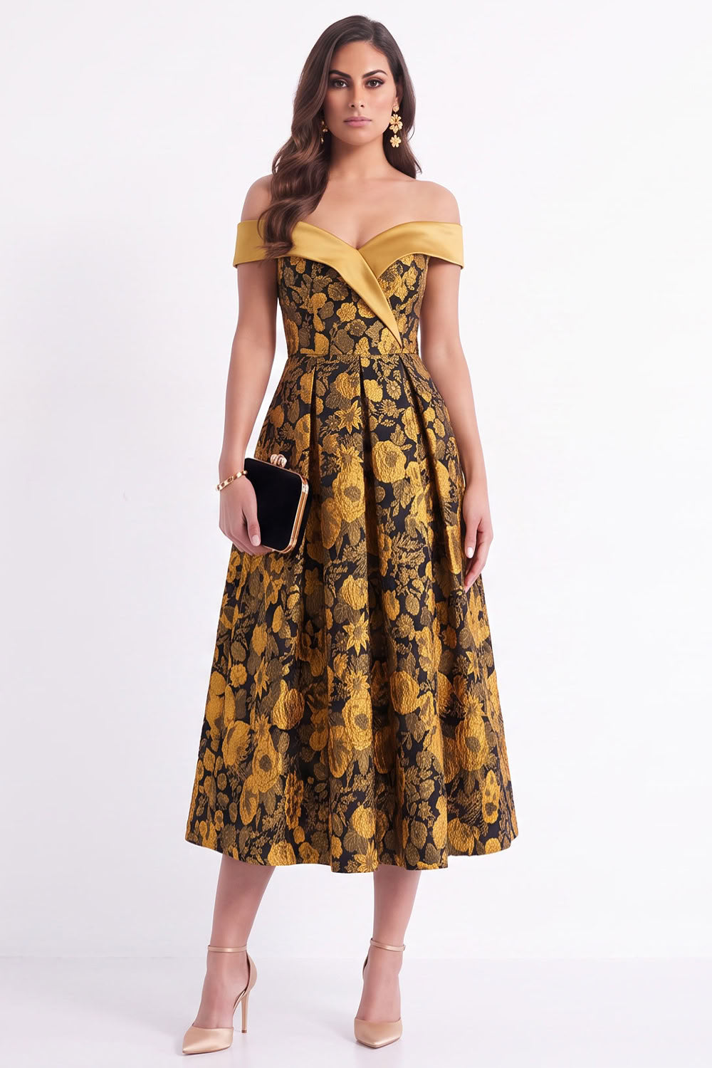 Yellow Flower A-Line Off The Shoulder Jacquard Midi Formal Dress