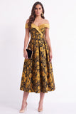Yellow Flower A-Line Off The Shoulder Jacquard Midi Formal Dress