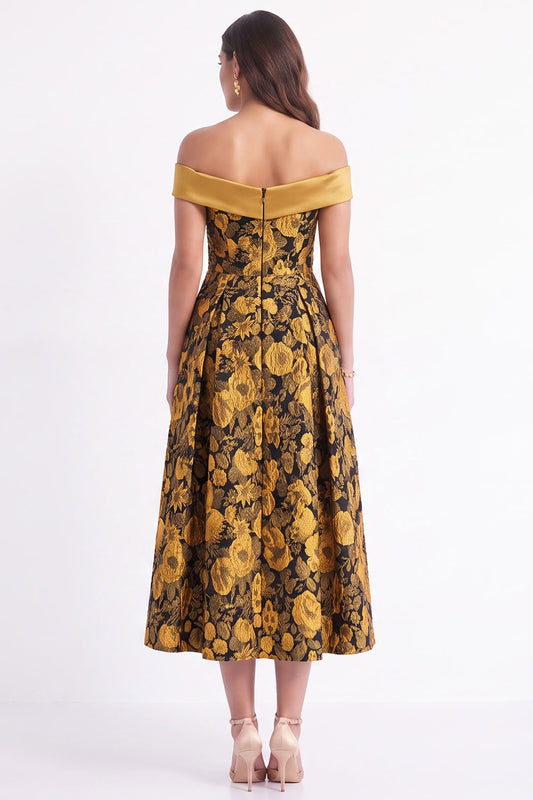 Yellow Flower A-Line Off The Shoulder Jacquard Midi Formal Dress