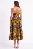 Yellow Flower A-Line Off The Shoulder Jacquard Midi Formal Dress