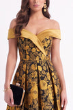 Yellow Flower A-Line Off The Shoulder Jacquard Midi Formal Dress